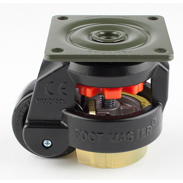 Leveling Caster, 50 mm Nylon Wheel, 73x73 mm Plate, Swivel, 280 kg Cap, PU Foot Pad, Black